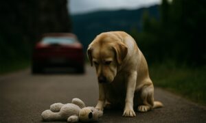 Un chien abandonné sur la route regarde sa peluche pendant que la voiture de ses maîtres s'en va