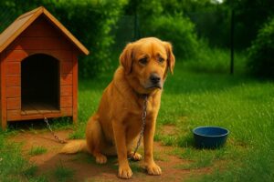 chien malheureux attaché dans un jardin